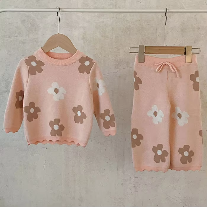 2024 New Autumn Infant Baby Girls Knitted Clothing Set Long Sleeved Cotton Printed Sweater+Pants Children Knitted Clothes Suit