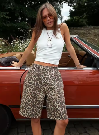 Wolfeel Retro Leopard Print Shorts Women Fashionable High Waisted Knee Casual Pants New Street Style Female Pocket Loose Shorts