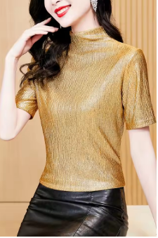 Real Photos Early Autumn Reflecting Fabric Top T Shirt Women Half Turtleneck Short Sleeve Shinning Tees Tshirts For Female
