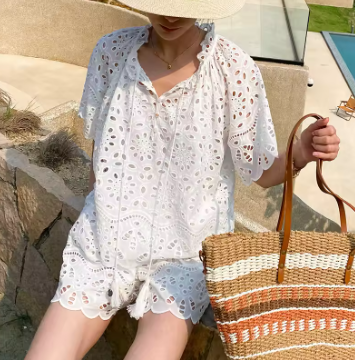 White Embroidered Lace Shirt Shorts Set Summer Vacation Hollow Out 2 Pieces Short Suit 2024 Summer Woman Clothing