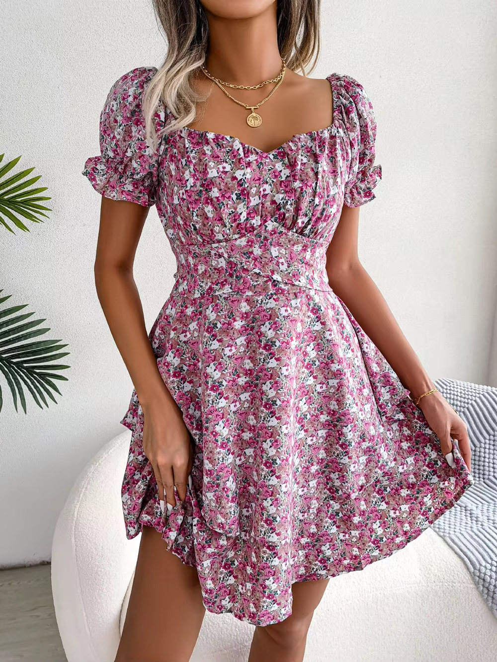 Dress For Women Summer Temperament, Sexy Square Neckline, Floral Pattern, Waist Cinching, Big Swing, Short Skirt Dress For Women