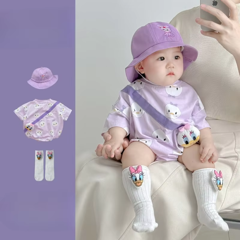 Summer Infant and Toddler Disney Cartoon 3pcs Sets O-neck Short Sleeve Bodysuit+Bucket Hat+Cute Socks Baby Boy Girl Clothes D625