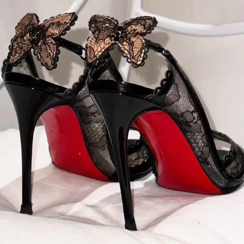2025 Fish Mouth Lace Red Soled High Heels for Women with Sexy Feminine Taste After Bow Line with Sandals Summer
