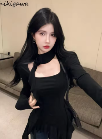 2025 Women Clothing Irregular T Shirts Square Collar Long Sleeve Tees Y2k Tops Ropa Mujer Ruffles Chic Tshirts Korean Camisetas