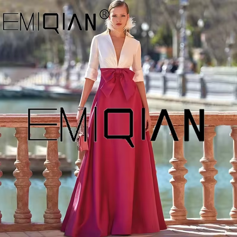 Ivory Burgundy Wedding Party Dress Deep V Neck Half Sleeves Formal Evening Gowns for Women Floor Length A Line Prom Dress Satin